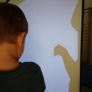 Ein Kind erzeugt ein Schattenbild auf einer Leinwand.